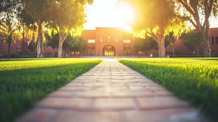 Fototapeta premium Majestic courthouse building with a grand entrance bathed in warm sunset hues, exuding a serene and dignified atmosphere