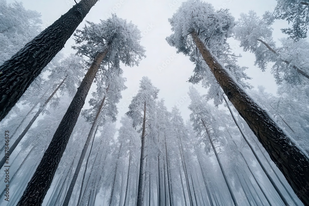 Poster frosty trees tower high above in a serene winter forest under heavy snowfall. generative ai
