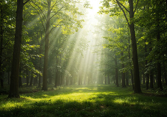 Obraz premium stunning forest landscape with sunbeams illuminating the clearing . Generative AI
