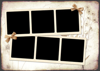 Nostalgic scrapbooking banner with moodboard pictures album grid for scrapbooking. Retro background with paper texture, dry pressed leaves, flowers and frame photos. Vintage style mood board layout