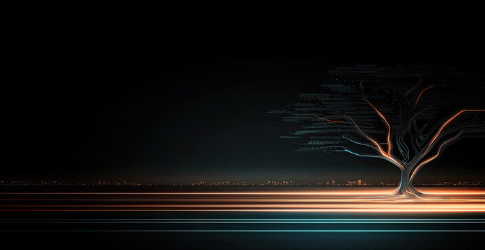 glowing tree with light trails against dark background