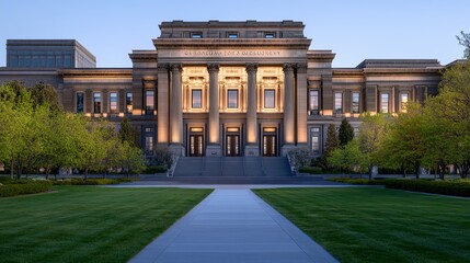 Obraz premium Majestic courthouse building with a grand entrance bathed in warm sunset hues, exuding a serene and dignified atmosphere