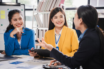 Female business leaders come together in conference room for their annual meeting, actively participating, asking questions, enriching  seminar, Asian people, only women, Proposals and comments.