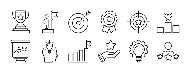set of goal thin line icon. containing strategy, idea, creativity, innovation, target, award, achievement, success icon collections. vector illustration