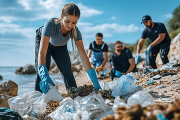 Community clean-up event coastal beach environmental action natural landscape ground view sustainability awareness