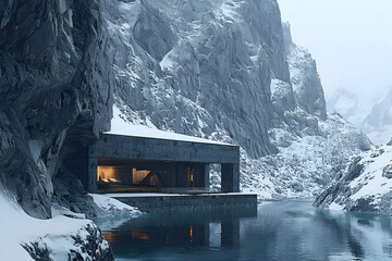 Mountain retreat Modern architecture nestled in snowy peaks