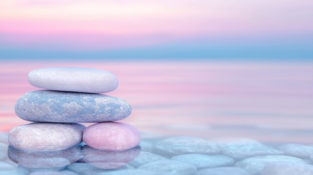Stacked stones beach sunset calm ocean serenity