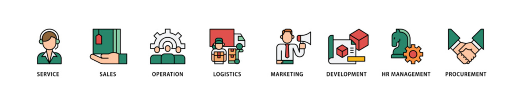 Value chain icon set flow process which consists of service, sales, operation, logistics, marketing, development, hr management, procurement icon live stroke and easy to edit .