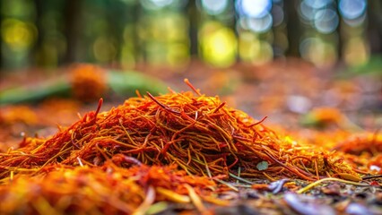 Tangled threads of saffron and slime on a forest floor, organic material, forest floor, earthy scent, saffron strands