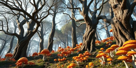 Tall trees with intricate networks of fine branches and gnarled trunks standing amidst a sea of colorful fungi, nature photography, forest canopy