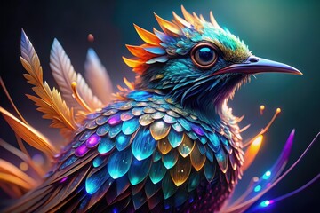 Obraz premium A Majestic Avian Creature with Iridescent Plumage and Golden Accents, Displaying Intricate Details and Vibrant Hues, Set Against a Dark Background