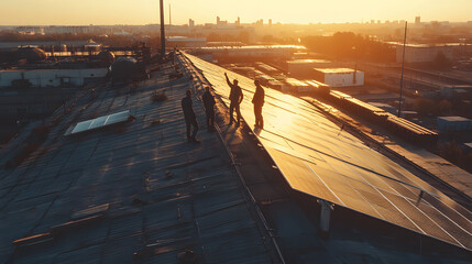 Naklejka premium A team of specialists working on solar panel installations on the rooftop of an industrial site, aiming to harness renewable energy for the factory.