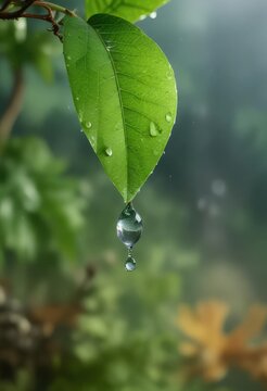 Raindrop suspended on the tip of a green leaf waiting for the inevitable fall , foliage, environment, balance
