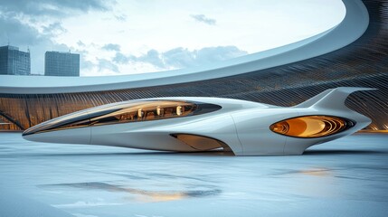 Obraz premium Futuristic Car Concept: A Glimpse into the Future of Transportation. Sleek Design and Innovative Technology. Cityscape Backdrop