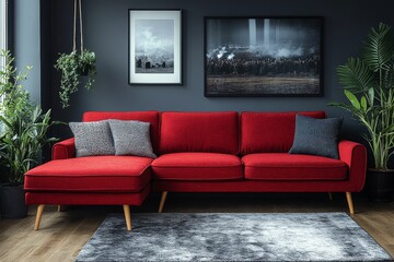 Red sofa bed with chaise lounge, wooden legs, and straight armrests in Scandinavian style. Modern and stylish living room furniture for contemporary homes.