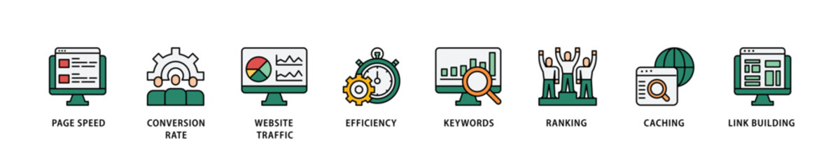 Website optimization icon set flow process which consists of page speed, conversion rate, website traffic, efficiency, keywords, ranking, caching  icon live stroke and easy to edit . © Juaran