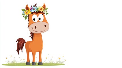 Naklejka premium A cheerful cartoon horse with a flower crown stands on green grass, exuding a playful and friendly vibe.