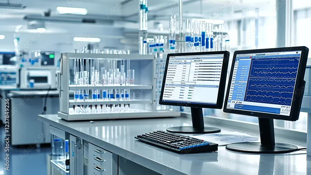 Poster a sleek laboratory setup featuring monitors showcasing intricate genomic data.