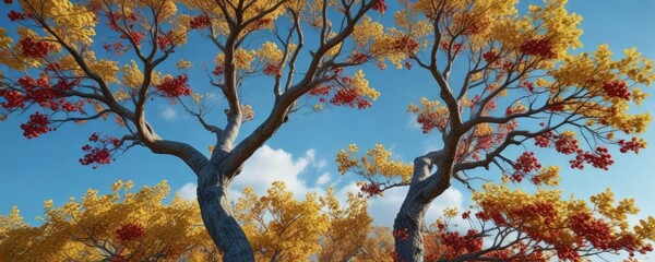Fototapeta premium The majestic shape of a tree with its branches adorned in bright yellow leaves and clusters of red berries against the clear blue sky , yellow leaves, fall foliage