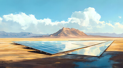 A solar farm in a desert environment, with solar panels reflecting the sunlight, creating a beautiful contrast with the barren landscape.