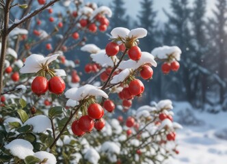 red rose hips against a backdrop of snow covered wild roses, snow-covered wild roses, frozen flowers, winter landscape
