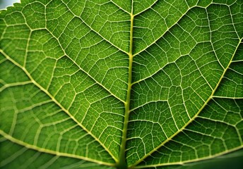Obraz premium Macro closeup of a vibrant green leaf reveals intricate vein patterns and cellular structure