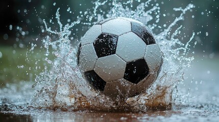 Soccer Ball Splashing in a Puddle: Dynamic Action Shot of a Wet Football Game