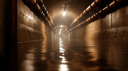 Dark underground tunnel with water reflection and lights