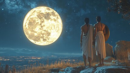 Obraz premium Warriors Watching Moonrise Over the City. Generative AI