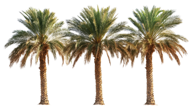 Three date palm trees growing on transparent background