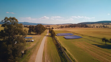 A solar farm with solar panels in a wide open countryside, showcasing renewable energy generation, surrounded by vast fields and a peaceful rural setting.