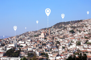 Aerial view on Taxco de Alarcon and location pin, Mexico. Planning a tourist trip. Travel way, ...