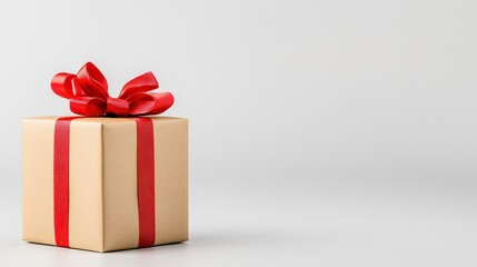 Obraz premium Beige Gift Box with Red Ribbon on Light Gray Background