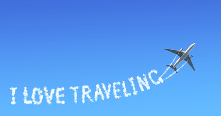 Blue sky with aircraft and Jet trailing smoke. Horizontal banner with airplane drawing a word I love traveling in sky. Topic of summer holiday, travel, trip abroad on vacation, cruises and tours