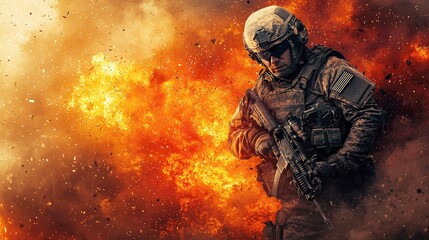 Fototapeta premium A soldier amidst the chaos of war, a fiery explosion behind him. A powerful image depicting the intensity and danger of combat.