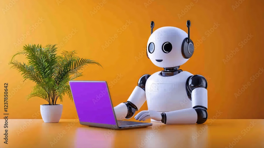Poster friendly robot using laptop computer in orange office space