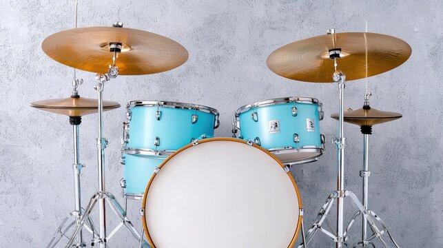 Light blue drum kit against grey wall