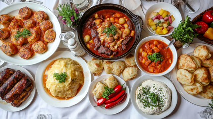 Hungarian and ukrainian cuisine with borscht, beef and bean goulash stew, vegetable dumplings and potato pancakes, goose liver and fish soup, bell pepper salads, cottage cheese fritters and spit cakes