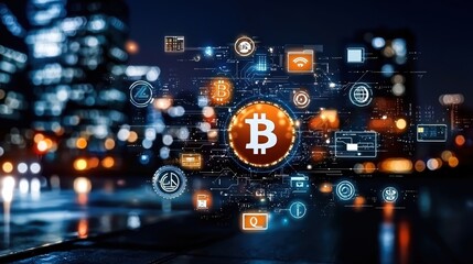Fototapeta premium Bitcoin Cryptocurrency Digital Finance Night Cityscape Technology