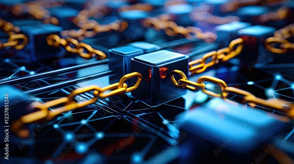 Poster secure digital network gold chain links cubes abstract technology