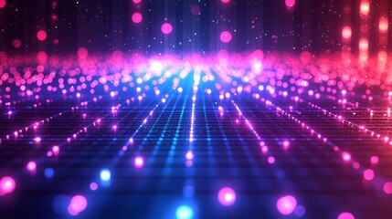 Fototapeta premium Abstract glowing grid, vibrant lights, digital particles, futuristic background, tech presentation