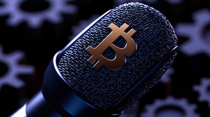 A close-up of a microphone featuring a Bitcoin logo, symbolizing cryptocurrency discussions and technology.