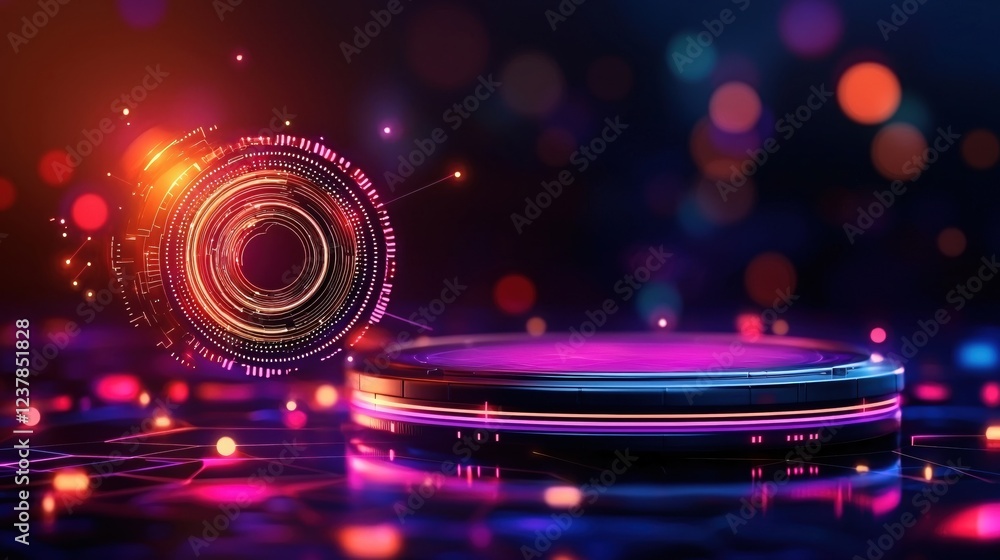 Poster futuristic neon platform with abstract digital interface design