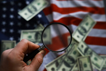 Fototapeta premium Symbol of the United States of America flag. Independence background. Striped American flag.