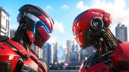 Fototapeta premium Futuristic Red Robots Cityscape Confrontation Modern Technology