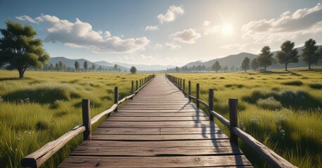 Fototapeta premium Rustic wooden bridge over vast meadow expanse, earthy bridge, crossing over, outdoor adventure, quiet pathway, disappearing into distance