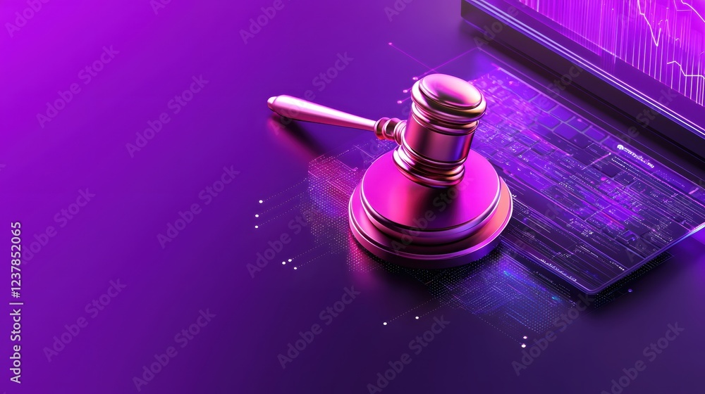 Poster digital justice gavel on laptop with data visualization abstract concept