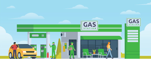 Gas Station with Shop Vector Illustration. Clean Flat Design and Modular Element. Fully Editable and Easy to Customize	