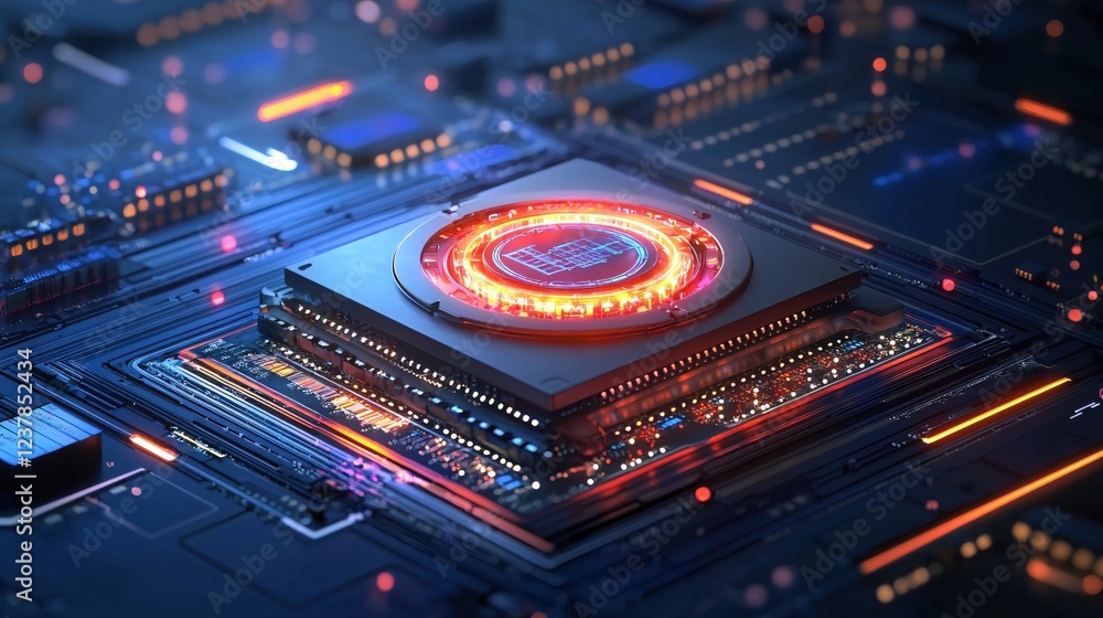 Poster futuristic technology circuit board glowing core central processing unit
