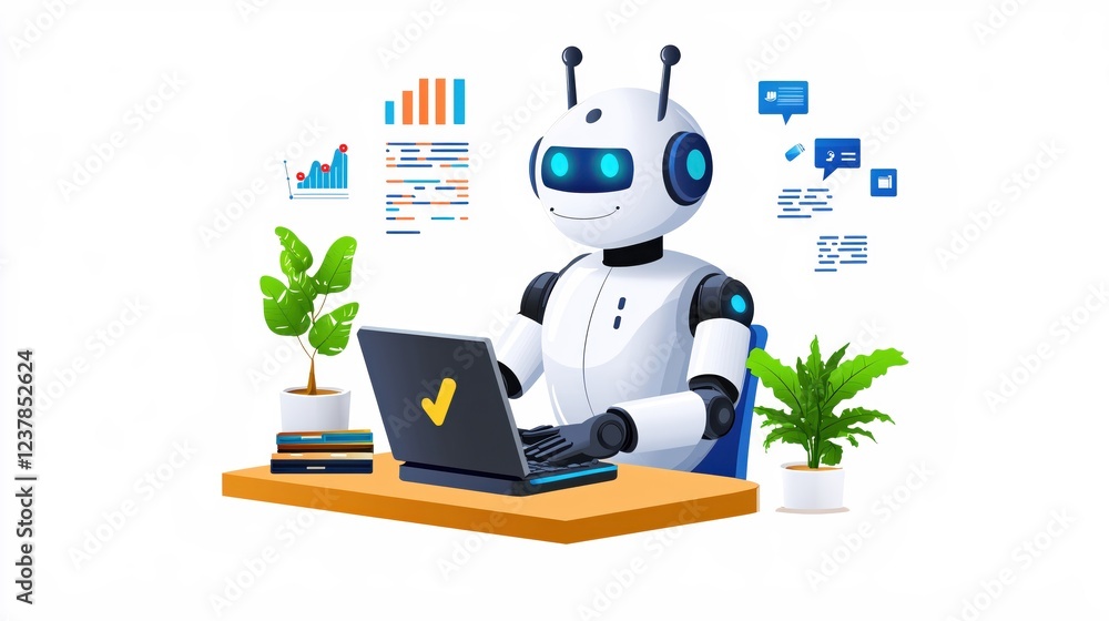 Poster friendly robot assistant working on laptop with data charts and plants